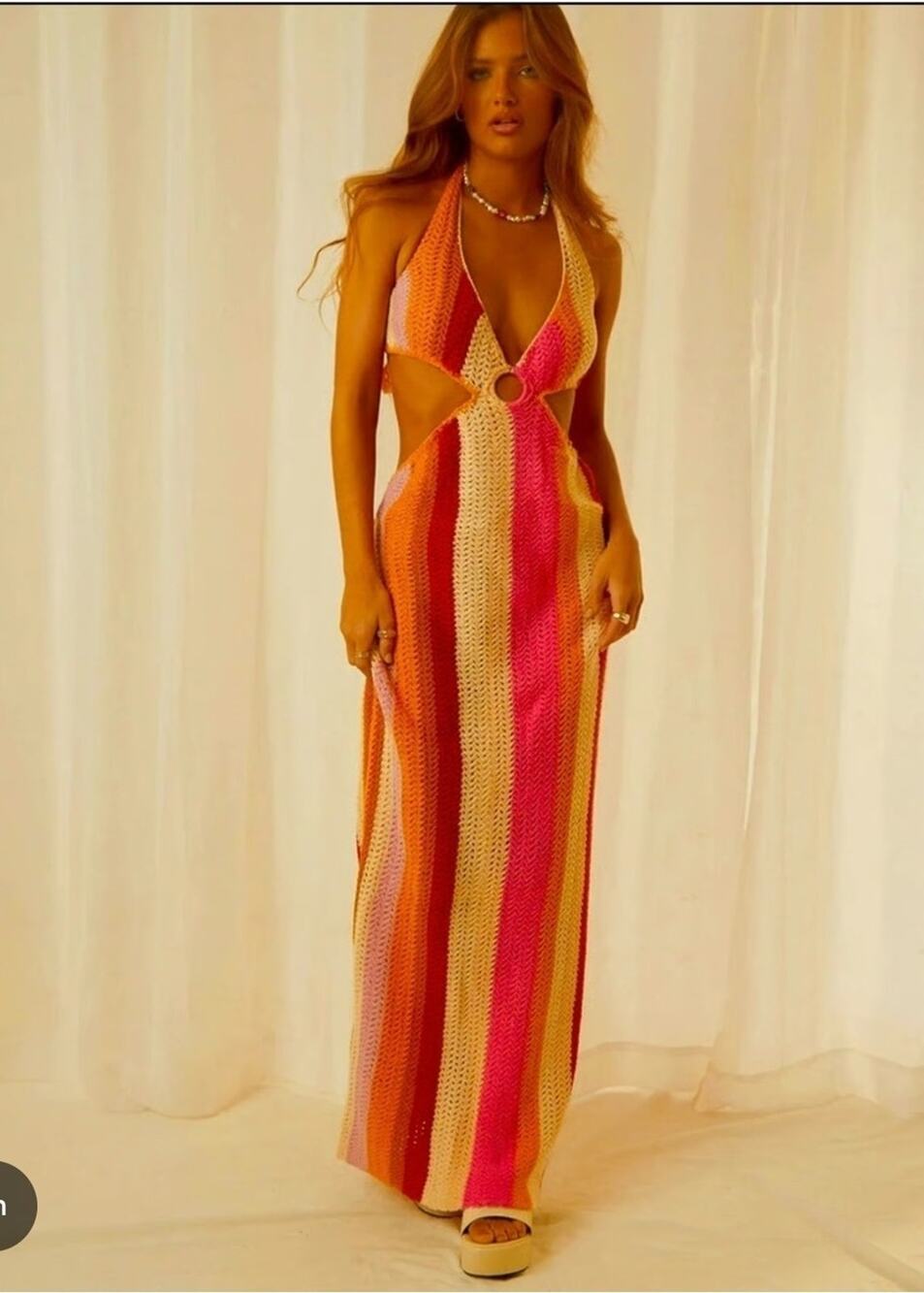 Peppermayo Haven Crochet Brown Pink Stripe Maxi Dress XS S
